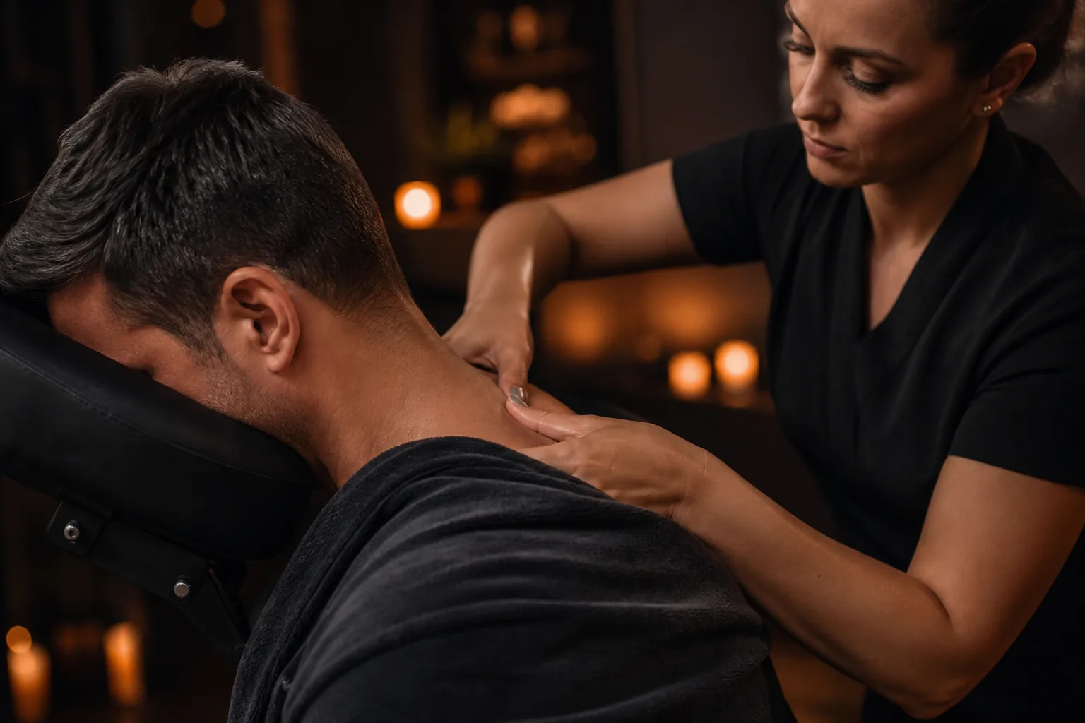 Masajista trabajando el cuello y los hombros de un hombre
