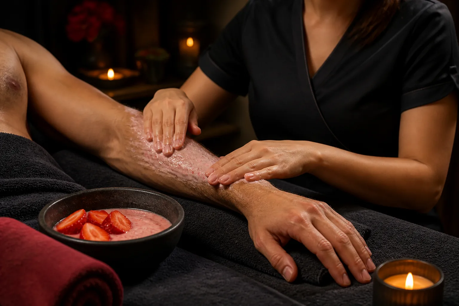 Masajista aplicando tratamiento de fresa en el brazo de un cliente