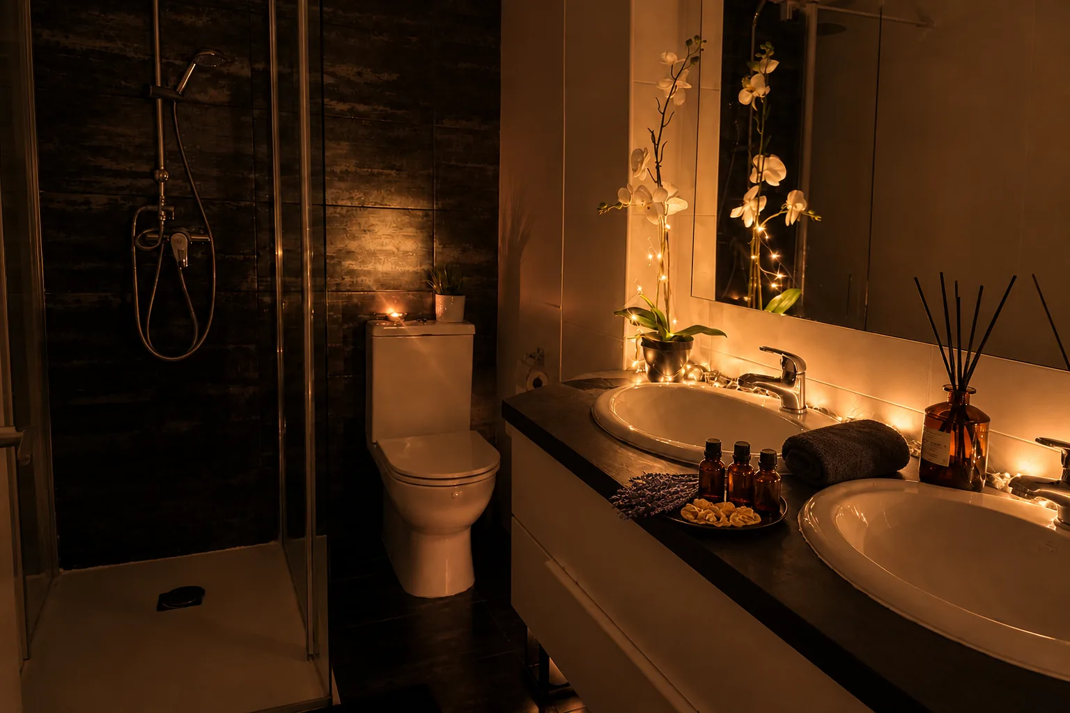 Aceites esenciales y elementos aromáticos preparados junto a la ducha de Velvet Ritual Zaragoza.