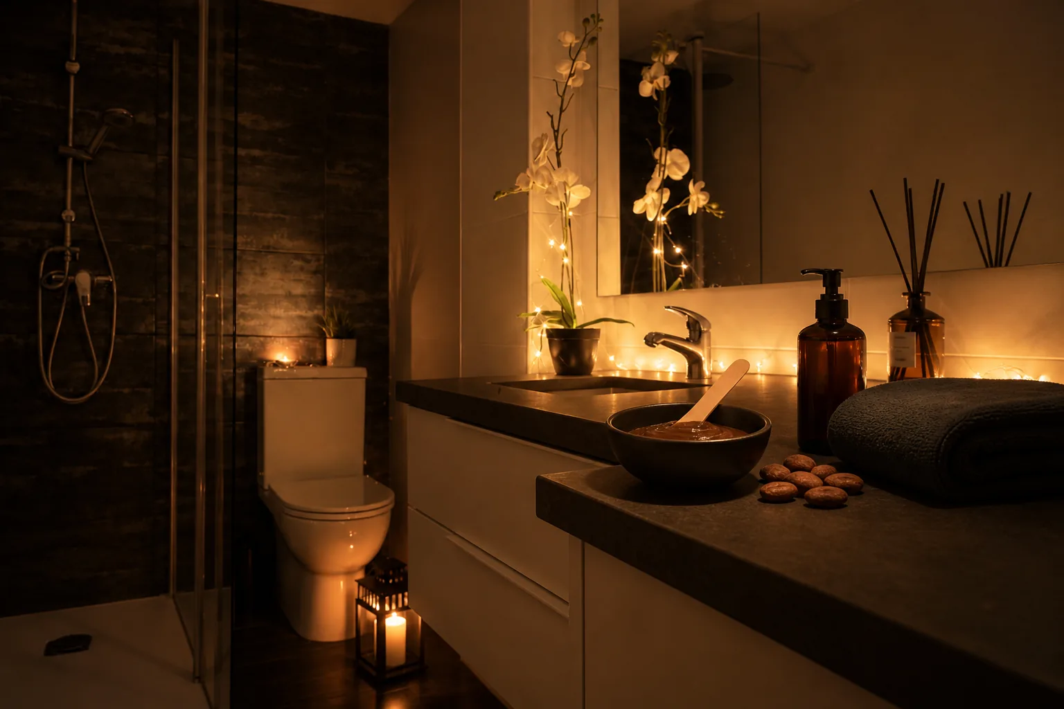 Cacao y aceite de masaje preparados junto a la ducha de Velvet Ritual Zaragoza.