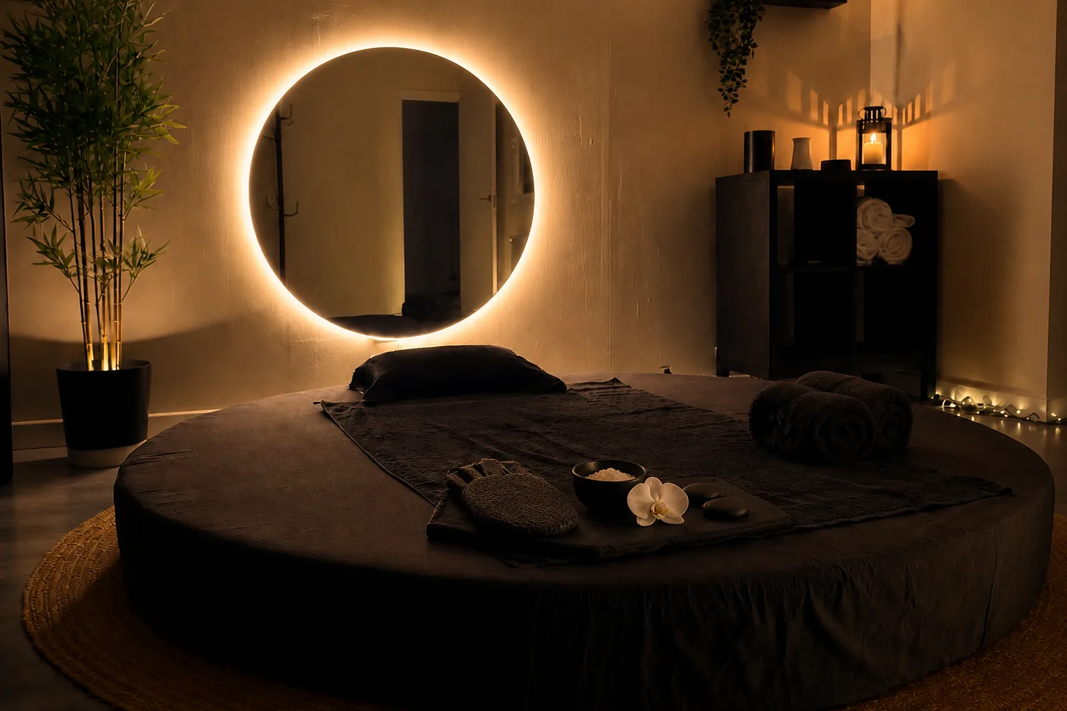 Tatami preparado con exfoliante, piedras, orquídea y toallas en Velvet Ritual Zaragoza.
